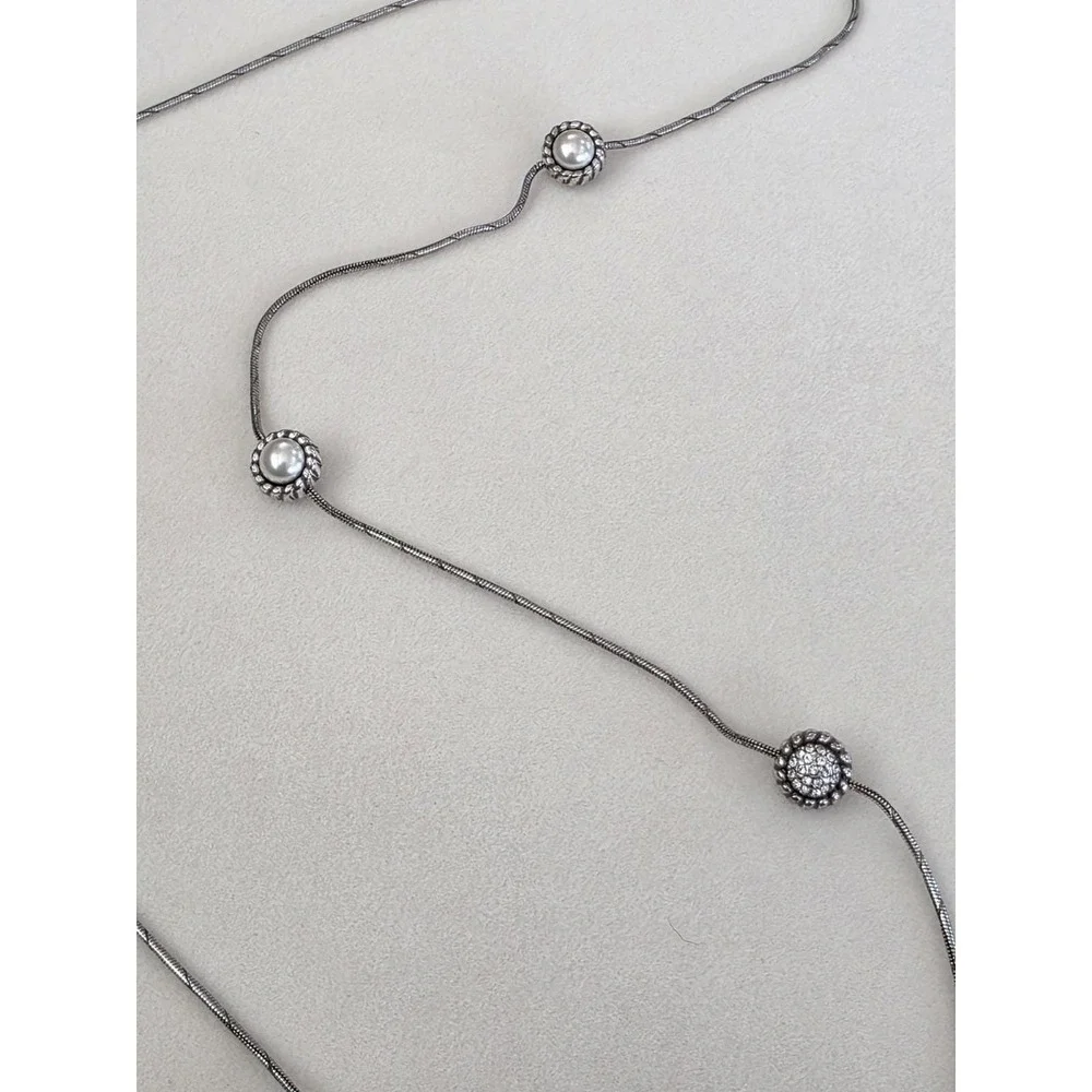 Vtg BRIGHTON Signed Faux Pearl Station Necklace Reversible Snake Chain 40